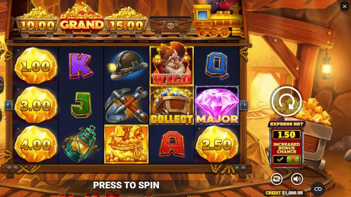 Tampilan visual slot Gold Strike Express dengan jalur kereta api di atas gulungan
